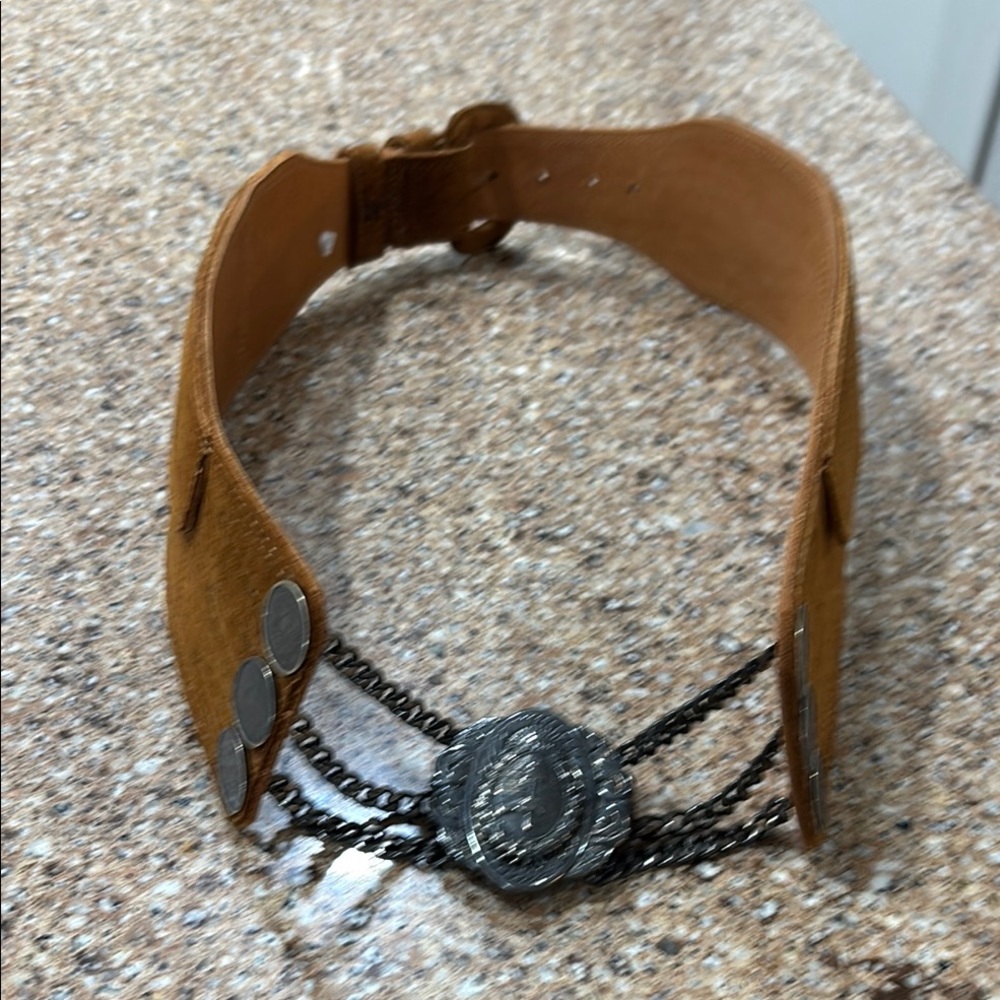 Alpaca boho style Brown Leather Choker with Silver Medallion belt